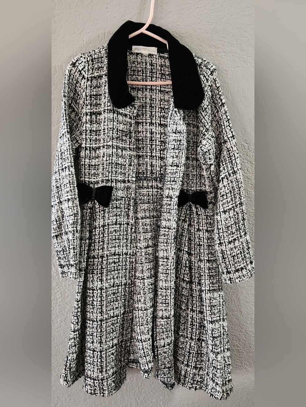 Girls Nannette Black & White Tweed Trench Coat with Velvet Collar